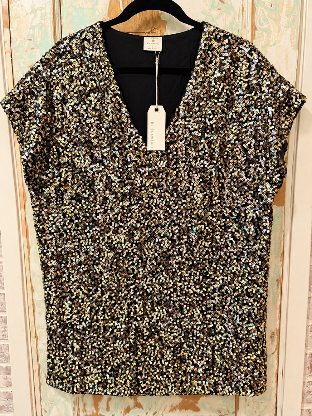 By Together Sequin Mini Dress Black Gold Multicolor V-Neck Party Dress